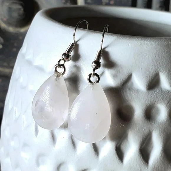 Rose Quartz Gemstone Puffed Teardrop Handcrafted Pink Silver Dangle Earrings - Picture 1 of 5